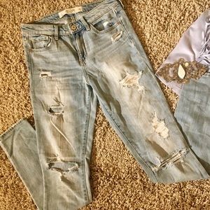 Abercrombie light distressed jeans w/ rhinestones.